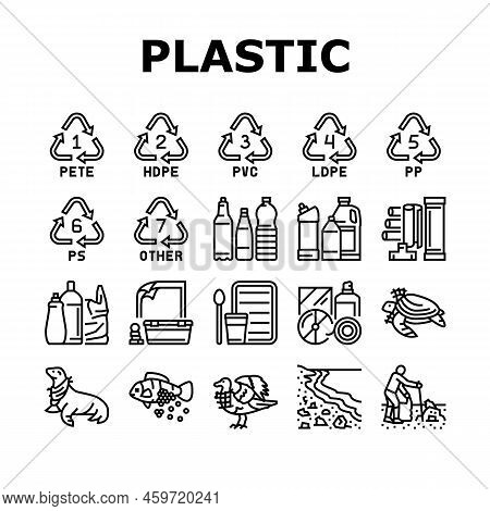 Plastic Waste Nature Environment Icons Set Vector. Bottle And Container, Package And Bag, Bird And T
