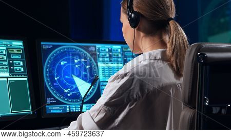 Workplace Of The Air Traffic Controllers In The Control Tower. Team Of Professional Aircraft Control