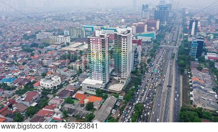 Aerial Photo Of Jakarta Hectic Traffic At Peak Hour With Motorcycles And Cars On The Road