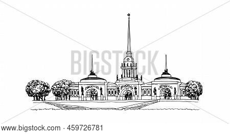 Admiralty Building (fictional View). Neva River Embankment In St. Petersburg. Vector Illustration In