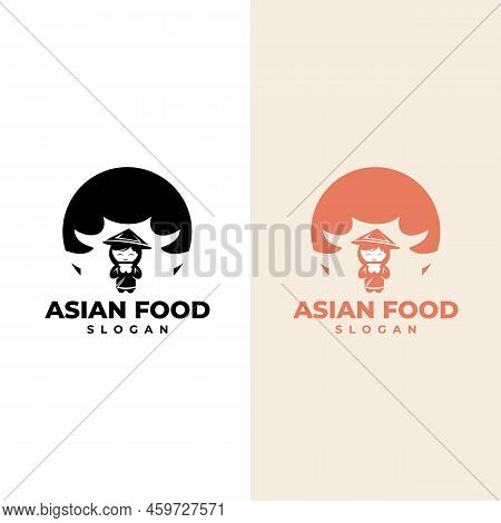 Vector Logo Of A Cute Chinese Woman Carrying A Noodle Bowl, Food Logo, With A White Background