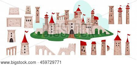 Medieval Castle. Fantasy Landscape Elements Set. Fortress Moat. Palace In Park. Ancient Architecture