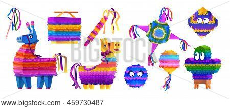 Pinata Party Icon. Birthday Hitting By Stick Horse, Carnival With Candy And Paper, Mexican Donkey Co
