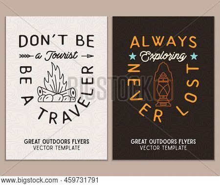 Camping Flyer Templates. Travel Adventure Posters Set With Line Art And Flat Emblems And Quotes - Do