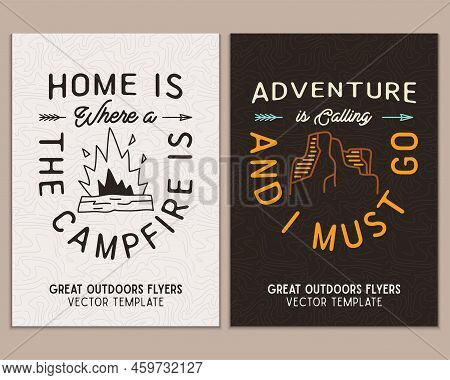 Camping Flyer Templates. Travel Adventure Posters Set With Line Art And Flat Emblems And Quotes - Ad