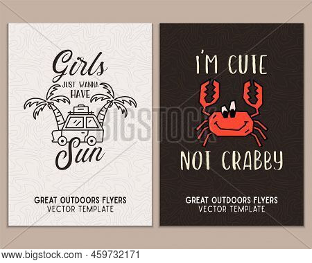 Camping Flyer Templates. Travel Adventure Posters Set With Line Art And Flat Emblems And Quotes - Im