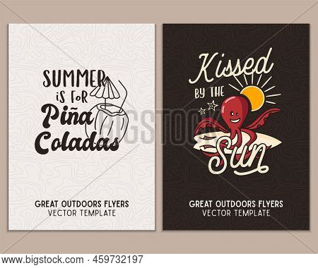 Camping Flyer Templates. Travel Adventure Posters Set With Line Art And Flat Emblems And Quotes - Su