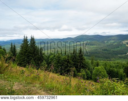 Majestic Landscape Of Summer Mountains. View Of Hills In Mist. Carpathians. Amaizing View On The Mou
