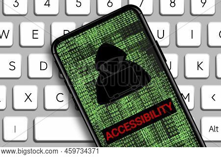 Accessibility Word And Hacker Icon In Mobile Phone With Digital Code Numbers. Concept For New Advanc