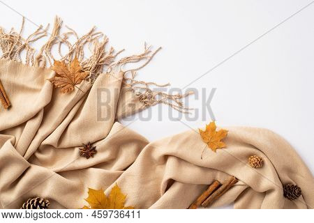 Autumn Inspiration Concept. Top View Photo Of Cinnamon Sticks Yellow Maple Leaves Anise Pine Cones A