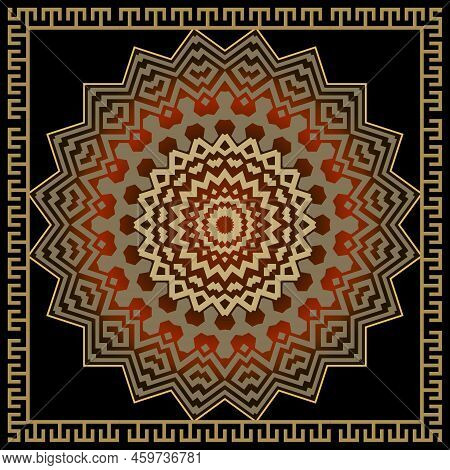 Mandala. Zigzag Ornament. Zig Zag Pattern With Square Meander Frame, Border. Roung Colorful Mandala 