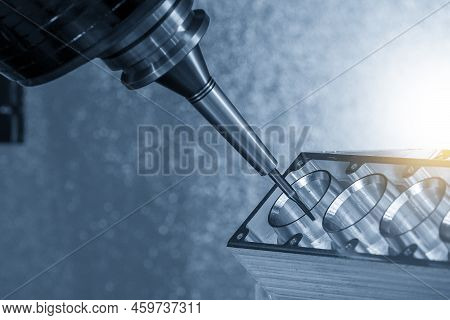 The 5-axis Machining Center Cutting The V8 Cylinder Block With Solid Ball End Mill Tool. The Hi-prec