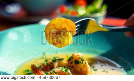 Shrimp Soup Seafood Dish. Thai Spicy Prawn Soup In Plate. Thai Shrimp Curry Food With Creamy Coconut