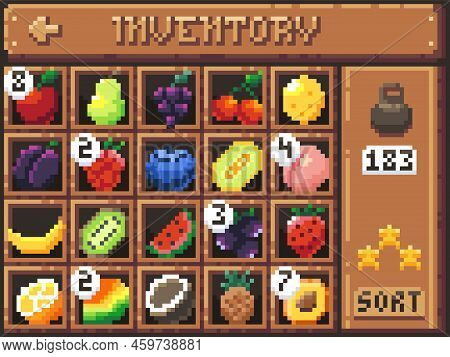 Pixel Fruits Inventory. Cartoon Game Interface Screen With Fruits And Berries In Cells And Ui Elemen