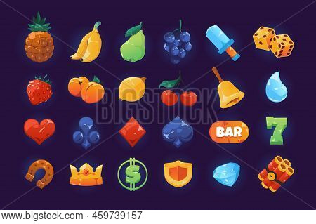 Slot Icons. Cartoon Shining Casino Symbols For Slot Machine And Gambling, Heart Cherry Bell Crown Fr