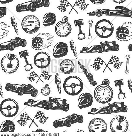 Racing Emblems Seamless Background Pattern With Isolated Equipment And Tools For Racing Vector Illus