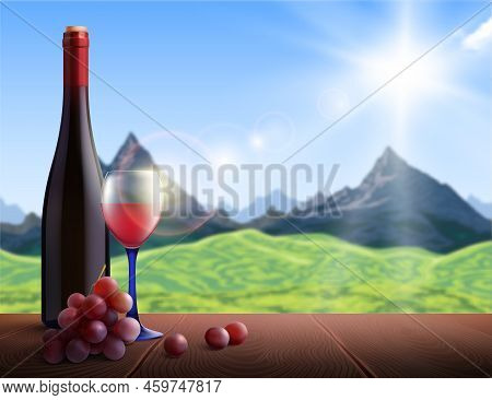 Wine Realistic Background With Mountains View And Wooden Table Vector Illustration