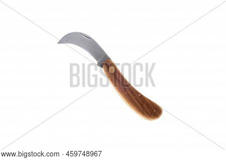 Old-fashioned Curved Pruning Gardening Knife. Isolated On White Background