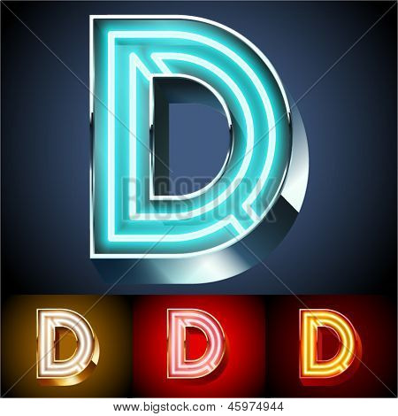 Ilustración vectorial del alfabeto del tubo de neón realista para tablero ligero. Oro y plata y rojo opciones