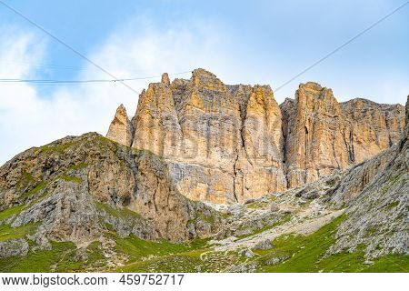 Sasso Pordoi Ridge And Cableway From Passo Pordoi. Dolomites, Italy