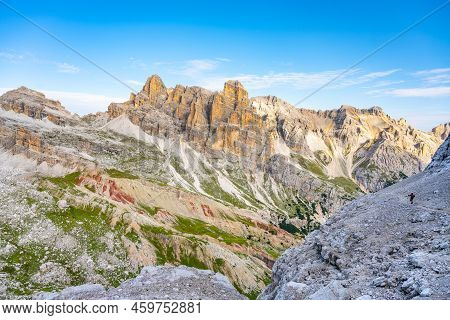 Panoramic View Of Tavernanzes Valley In Dolomites. Piz Forcia Rossa Ridge On Background. Italy