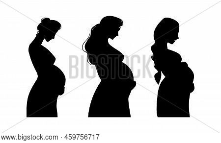 Set Of Black Silhouettes Of Different Pregnant Women Side View. Outline Of A Mommy Expecting The Bir