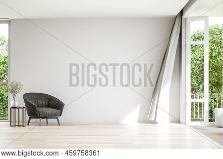 Moderm Style Empty White Wall Living Room Decorate With Brown Lounge Chair 3d Render There Are Empty