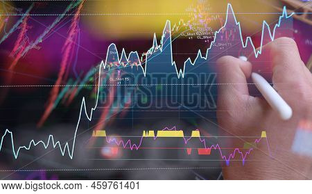 Closeup Man Analysis Stock Chart For Investment Trading On Screen And Analysis Graph. Business Conce
