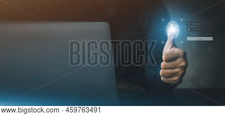 Businessman With A Laptop, Hologram Icon Fingerprint Encryption, Protecting Access To Confidential I