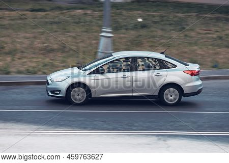 Car Ford Focus C346 On The Road In Motion. Fast Speed Drive On Country Road. Moscow, Russia - August