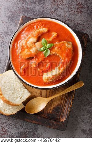 Traditional Hungarian Fish Soup Halaszle Is Bright Red And Is Traditionally Prepared With Carp Close