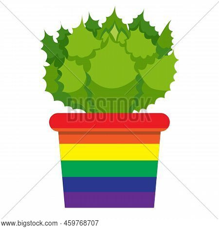 Cactus In A Pot Painted In The Colors Of The Gay Flag. Vector Illustration Isolated On White Backgro