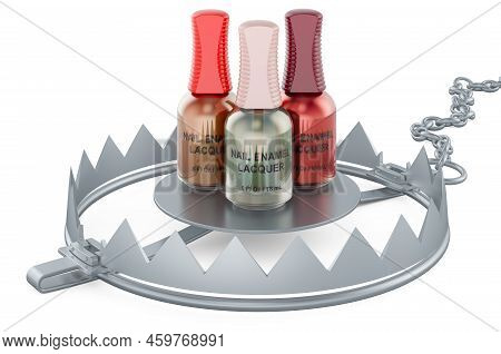 Nail Polish Bottles Inside Bear Trap, 3d Rendering Isolated On White Background