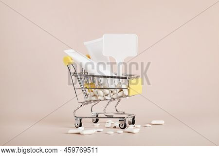 Titanium Dioxide, E171, Dangerous Additive Concept. Gum, Pills, Toothpaste, Cream In Basket And Sign