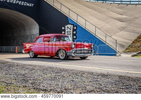 Lebanon, Tn - May 14, 2022: Wide Angle Front Corner View Of A 1957 Chevrolet 210 2 Door Sedan Drivin