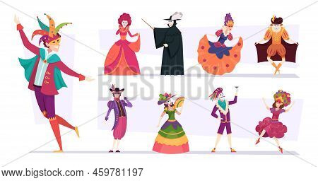 Venetian Costumes. Carnival Persons Ini Dress And Costumes Dancing Exact Vector Colored Illustration