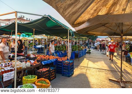 Bazaar In The Turkish City Near Alanya, People Buy Groceries, Vegetables, Fruits