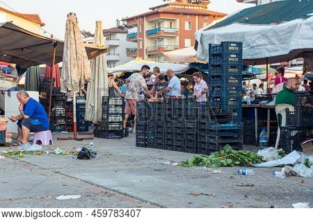 Bazaar In The Turkish City Near Alanya, People Buy Groceries, Vegetables, Fruits