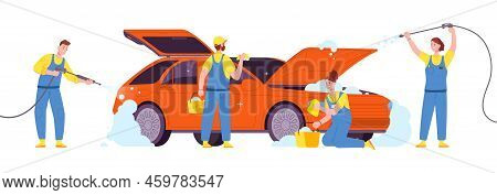 People Washing Car. Employees Cars Wash Company Cleaning Dirty Vehicle With High Pressure Water Hose