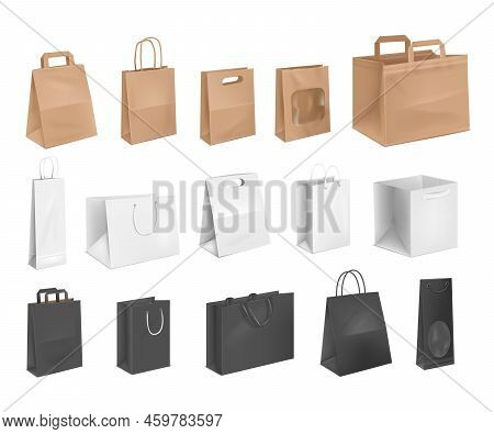 Realistic Cardboard Bags. Realistic Mockup Paper Shopping Bag With Window And Handles, 3d Craft Pape