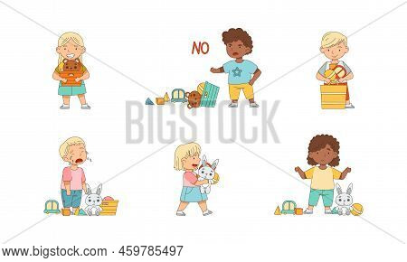 Happy And Grumpy Kids With Toys Playing And Grizzling Vector Set