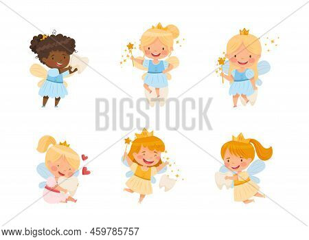 Cute Little Tooth Fairy With Baby Teeth And Wand Vector Set