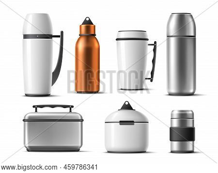 Realistic Thermos. Isolated 3d Thermo Mugs, Bottles And Food Box, Plastic And Metallic Flasks, Long 