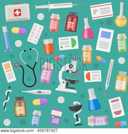 Medical Objects Pattern With Prescriptions Eguipment And Instruments Pills And Capsules On Blue Back