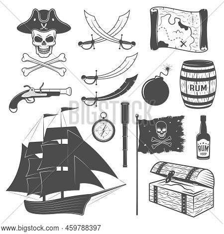 Pirates Monochrome Elements Set With Sailboat Weapon Flag Telescope Map Rum Chest Cannon Ball Isolat