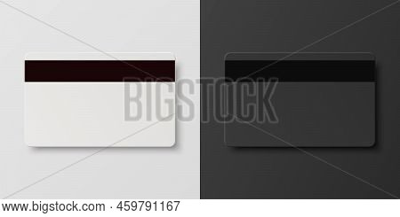 Vector 3d Realistic Black And White Blank Card With Magnetic Strip Set Isolated. Design Template Of 