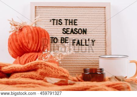 Autumn Inscription On Letterboard. This The Season To Be Fally. Hygge, Autumn Cozy Mood, Comfort Con