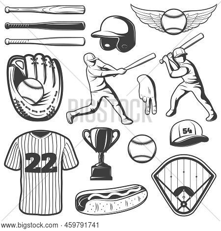Baseball Monochrome Elements Set With Logo Sports Outfit And Gesture Trophy Players Hot Dog Isolated