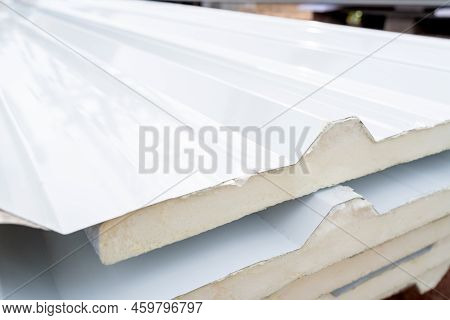 White Pu Foam Roof Sheet At The Construction Site. Install A New Roof.
