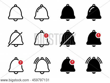 Notification Bell Icon Set. New Message Alert Icon. Inbox Message Sign. Alarm Bell In Outline And Fl
